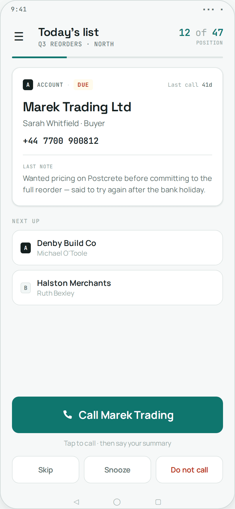 RepCall's queue screen: the current call, its last note, and the next contact underneath.